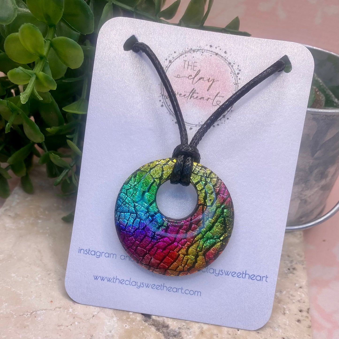 007 Rainbow prism polymer clay circle necklace