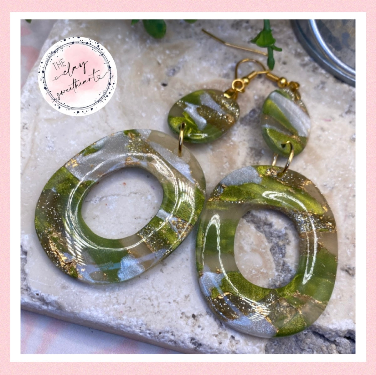 1707 green and gold polymer clay large hoop earrings