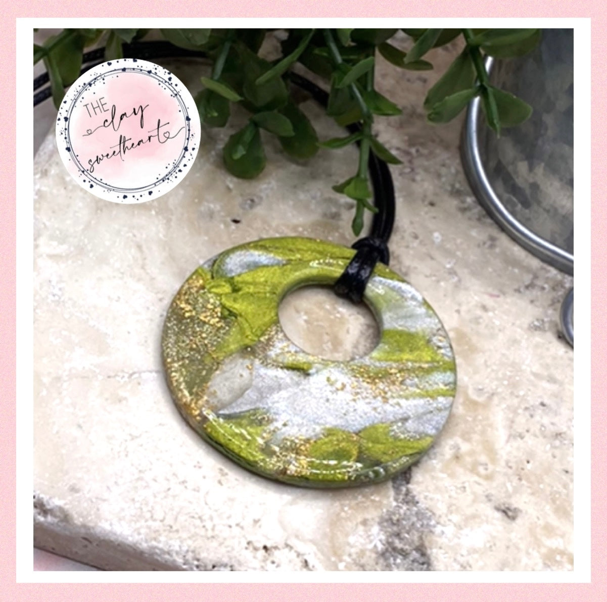1701 green and gold polymer clay circle necklace