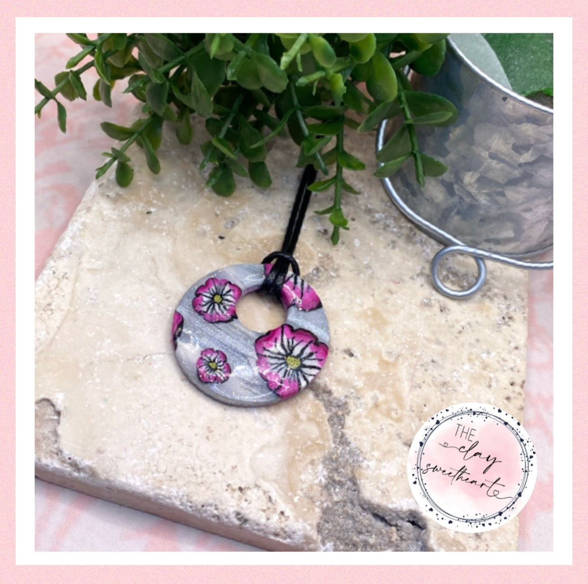 1608 silver with pink flowers polymer clay circle necklace
