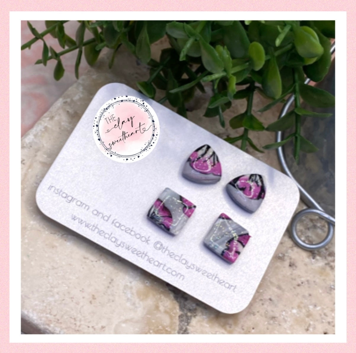 1609 silver with pink flowers polymer clay stud earrings