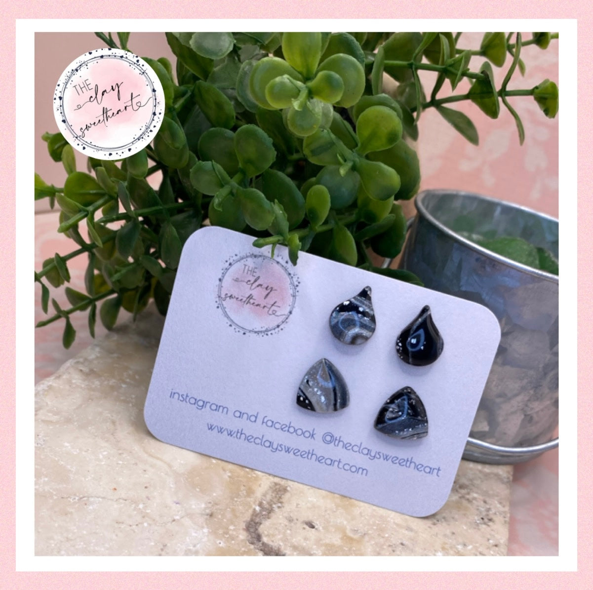 1318 black and silver polymer clay stud earrings
