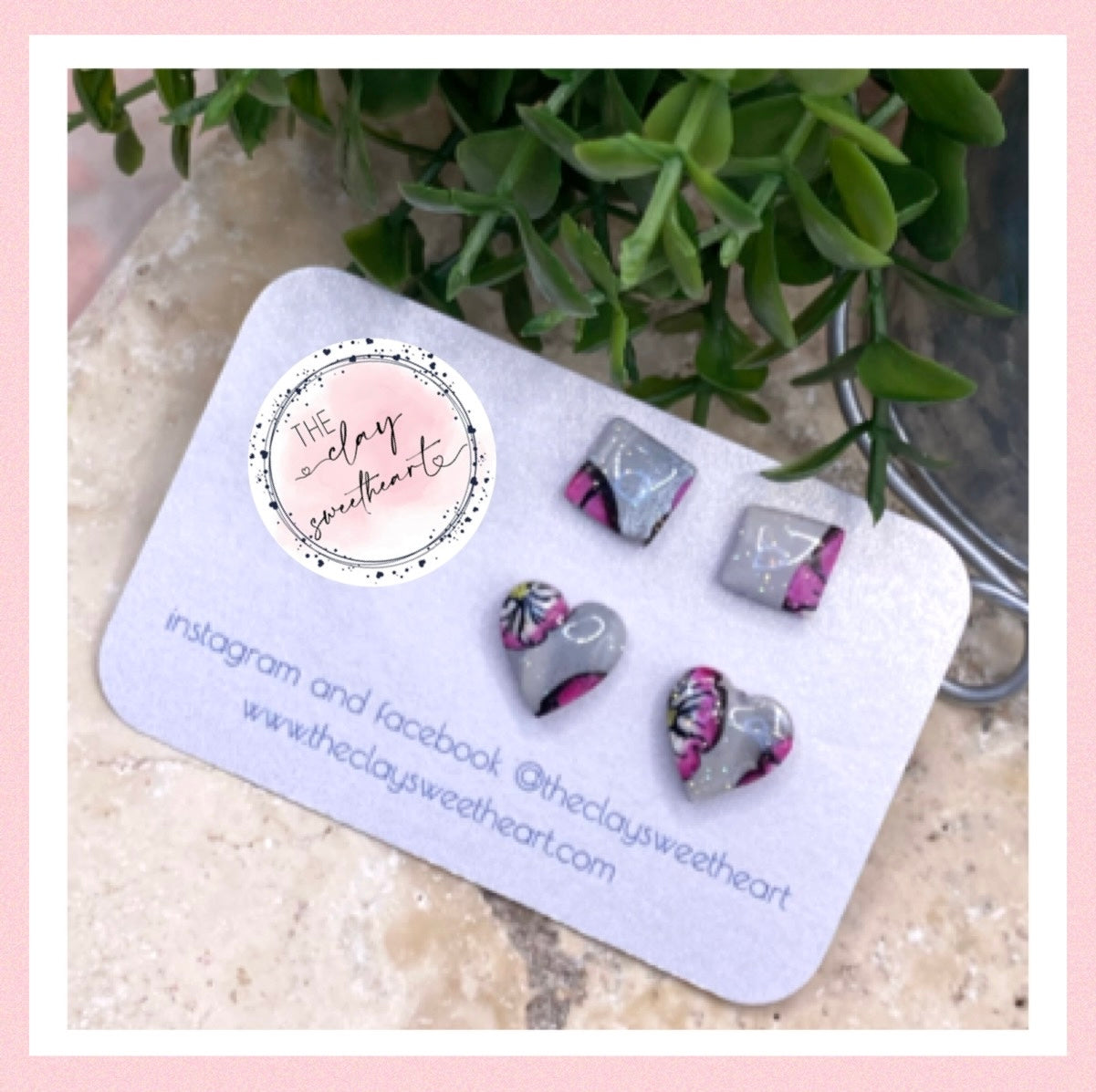 1612 silver with pink flowers polymer clay stud earrings