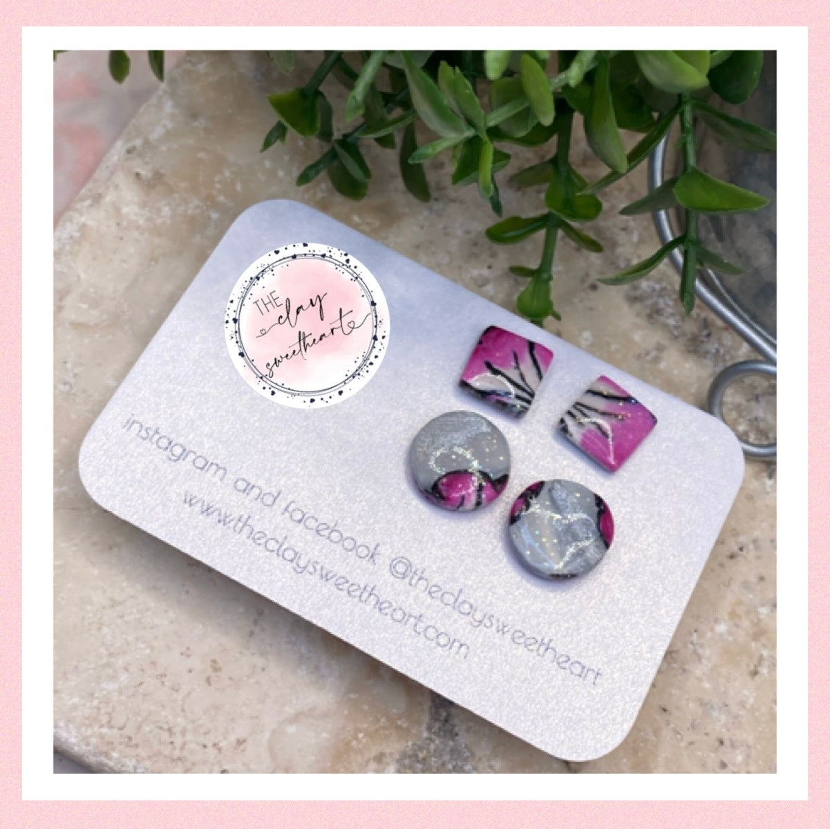 1610 silver with pink flowers polymer clay stud earrings