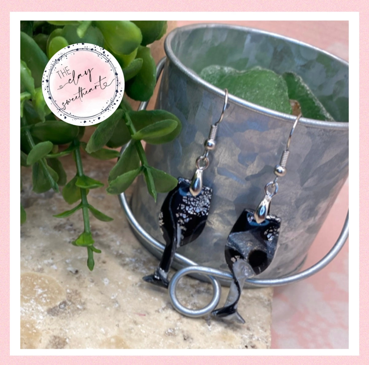 1315 polymer clay black and silver wine glassearrings