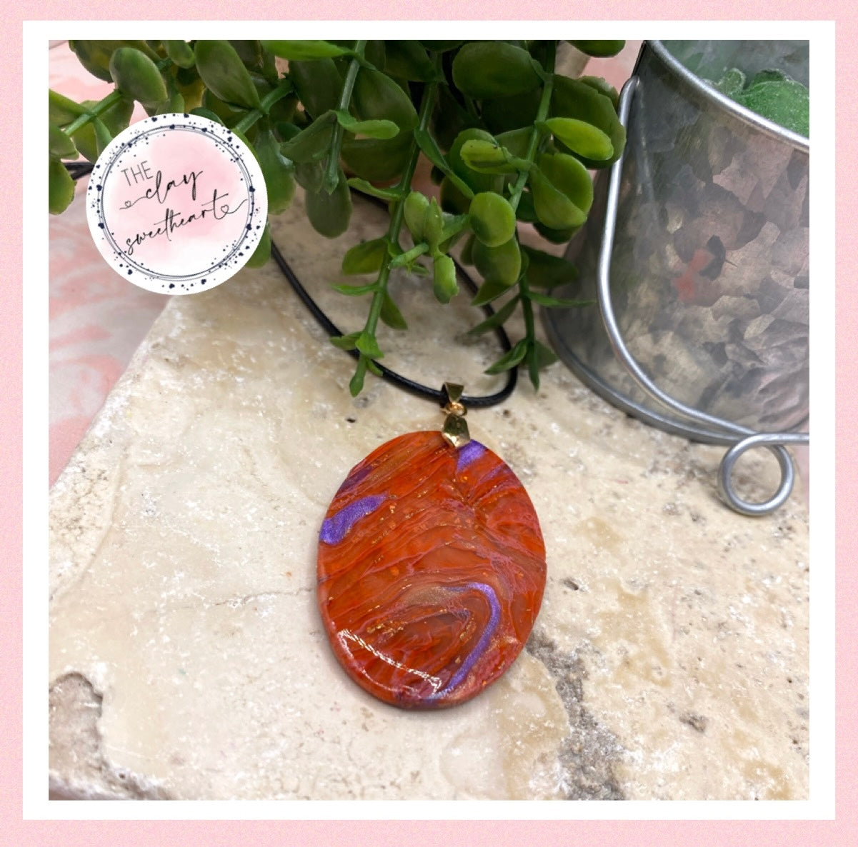 2215 red with purple polymer clay oval necklace