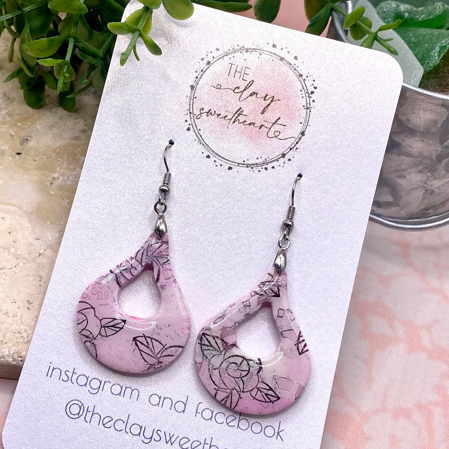 606 Pink polymer clay rose print earrings