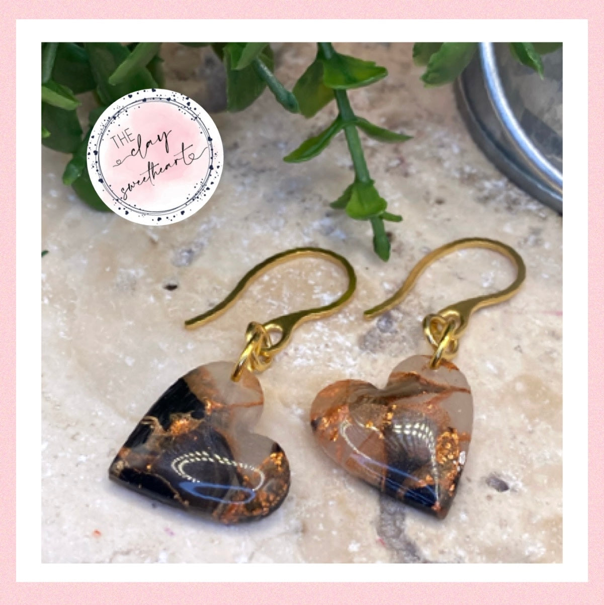 1404 black and copper polymer clay heart earrings
