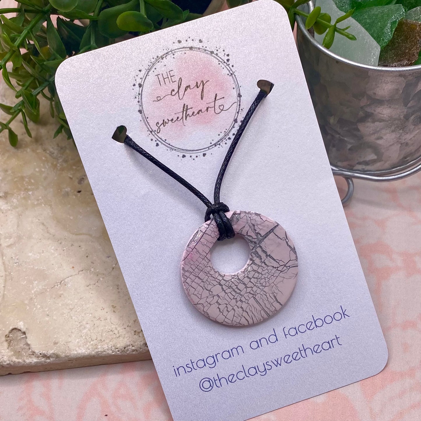 601 Pink crackle polymer clay necklace