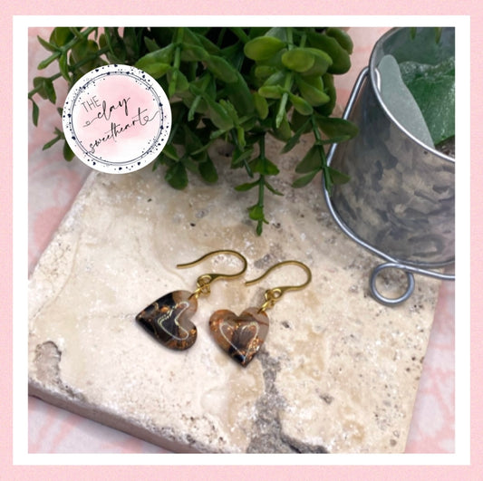1404 black and copper polymer clay heart earrings