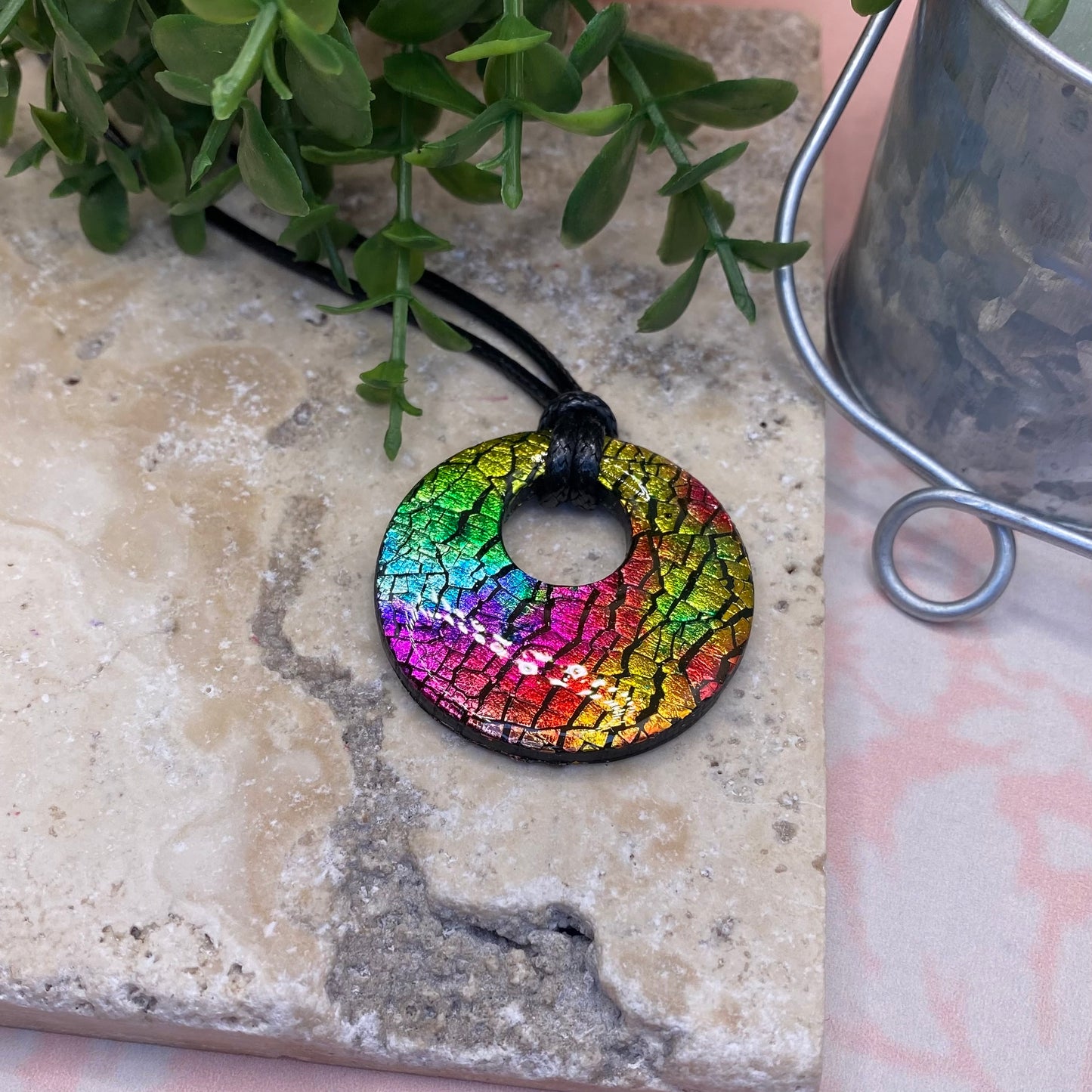 007 Rainbow prism polymer clay circle necklace