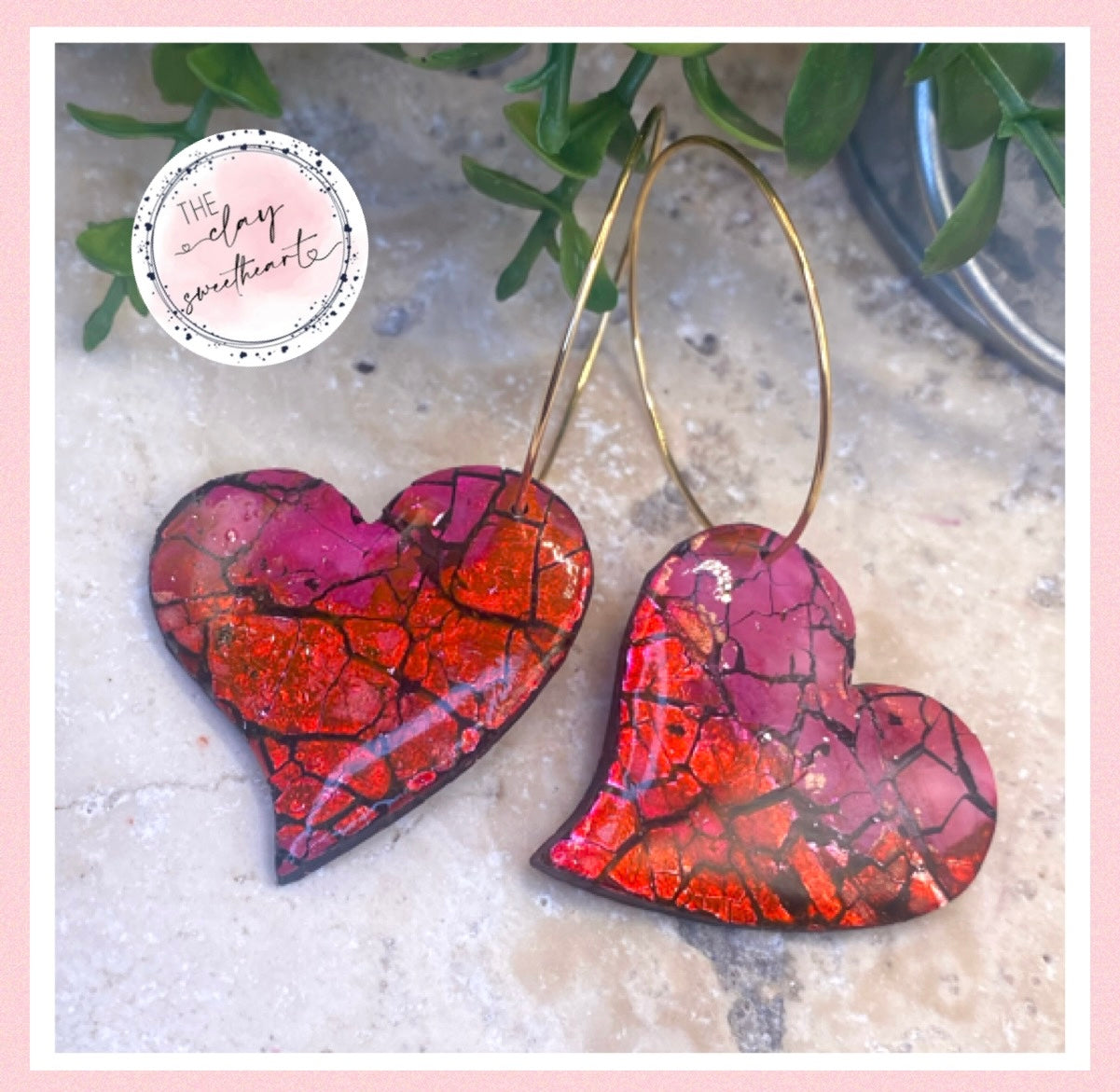 2206 red prism polymer clay heart hoop earrings