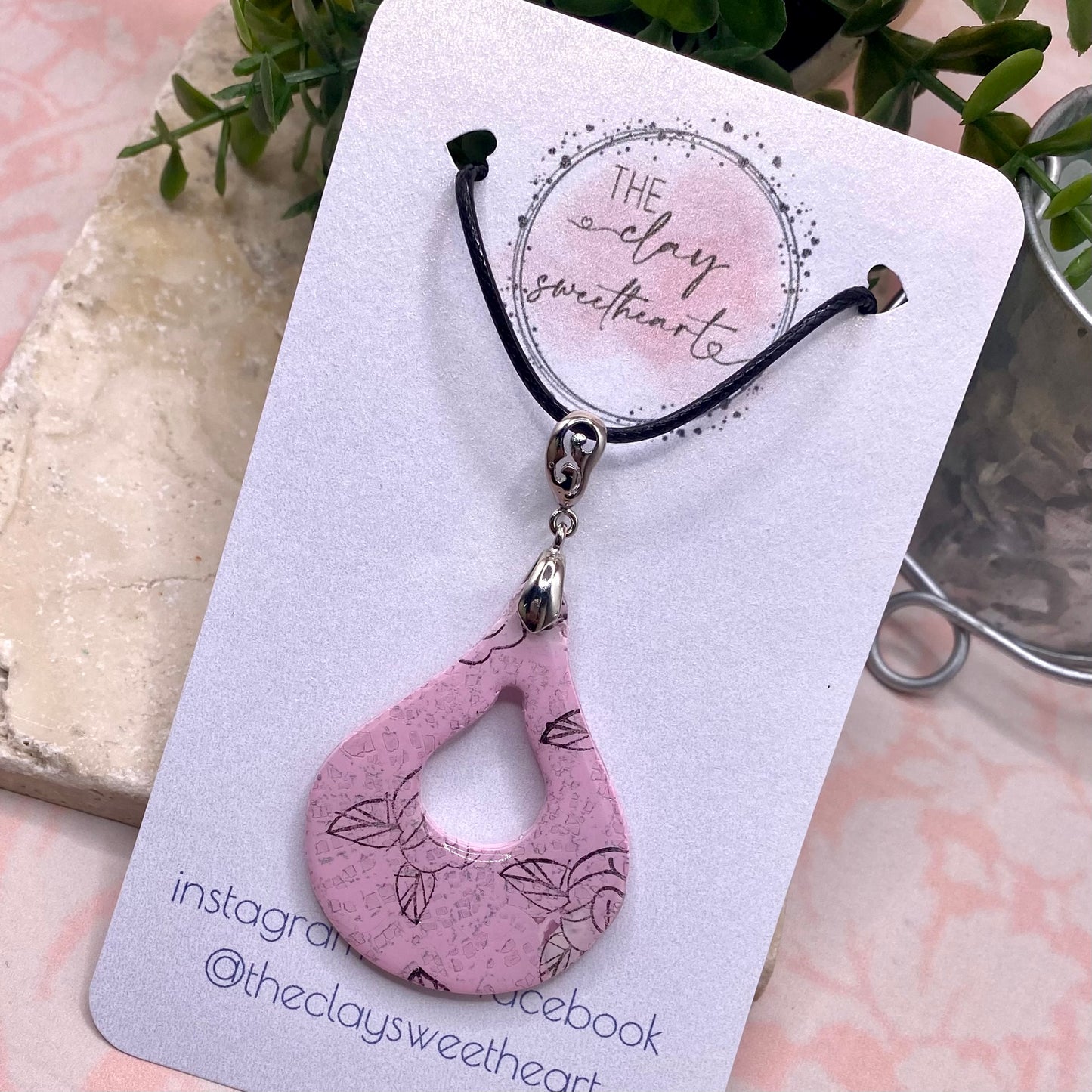 604 Pink polymer clay rose print necklace