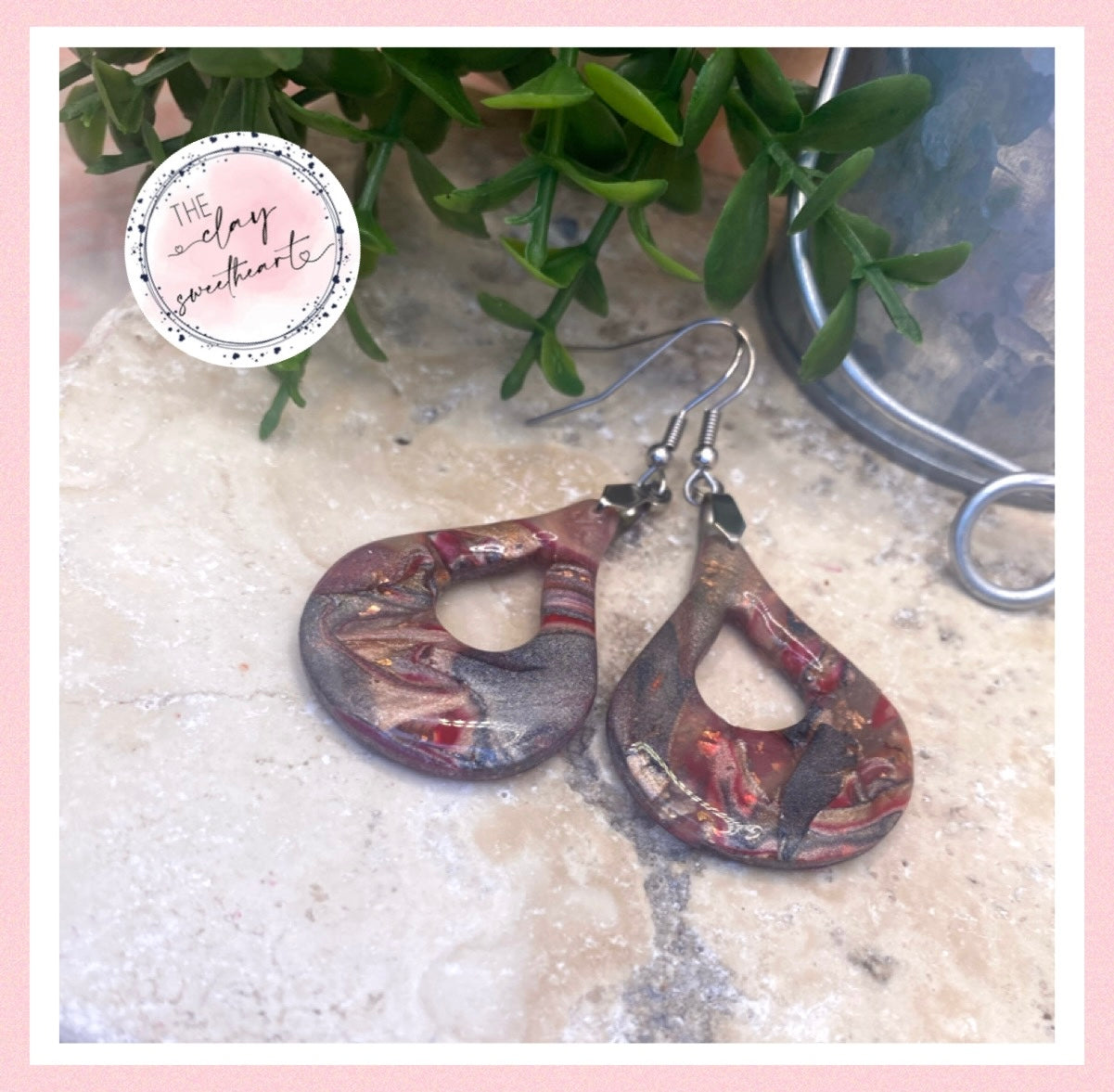 2222 red metallic floral polymer clay earrings
