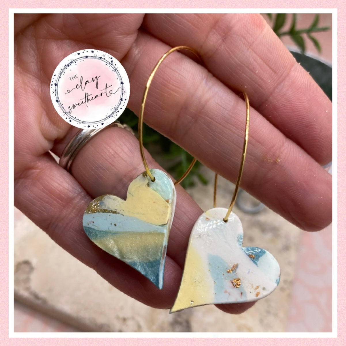 2408 blue gold heart hoop earrings