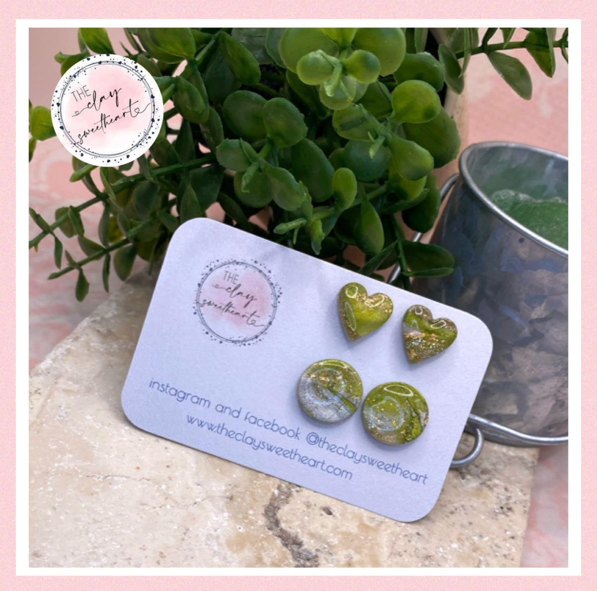 1712 green and gold polymer clay stud earrings
