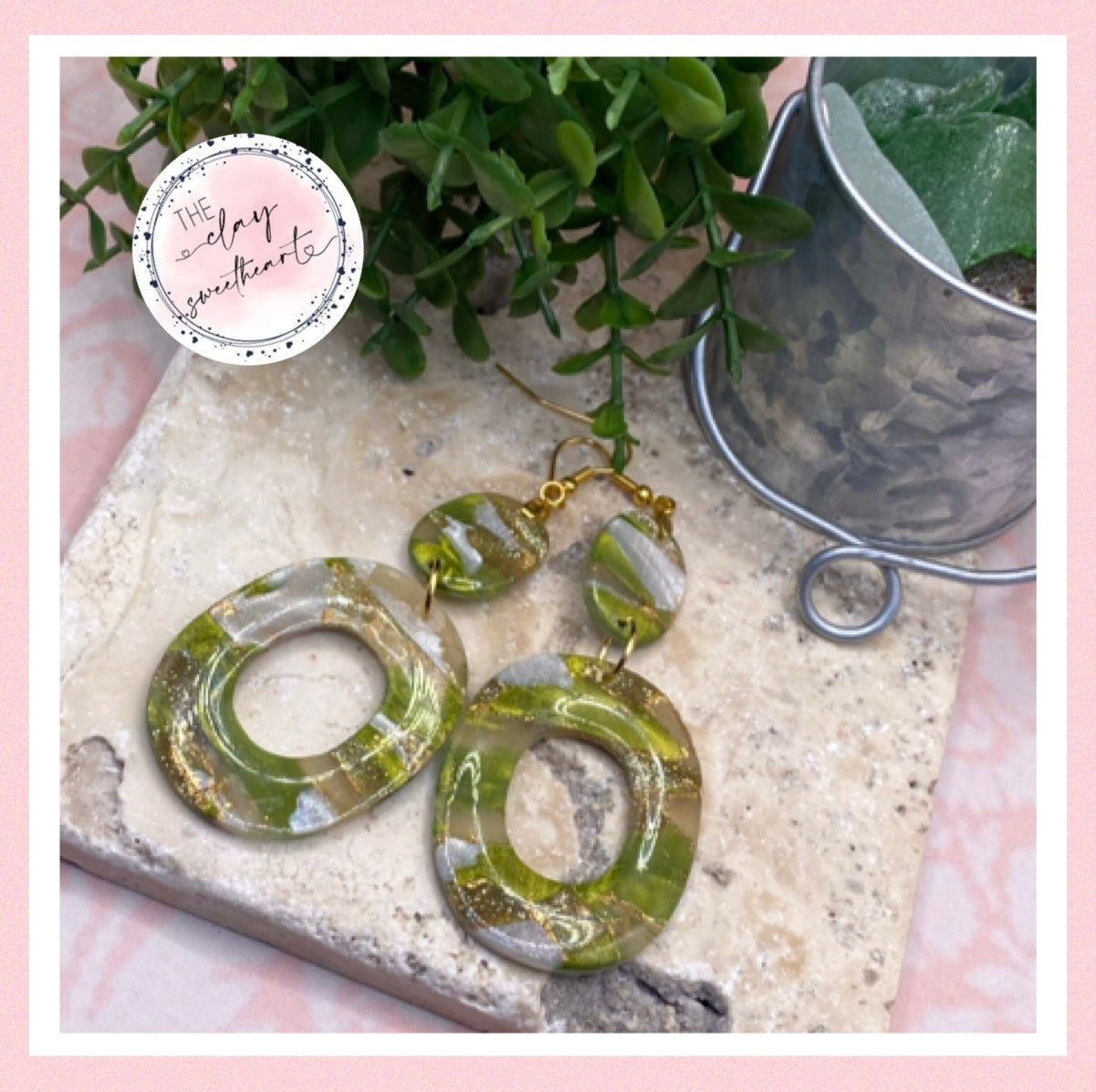 1707 green and gold polymer clay large hoop earrings