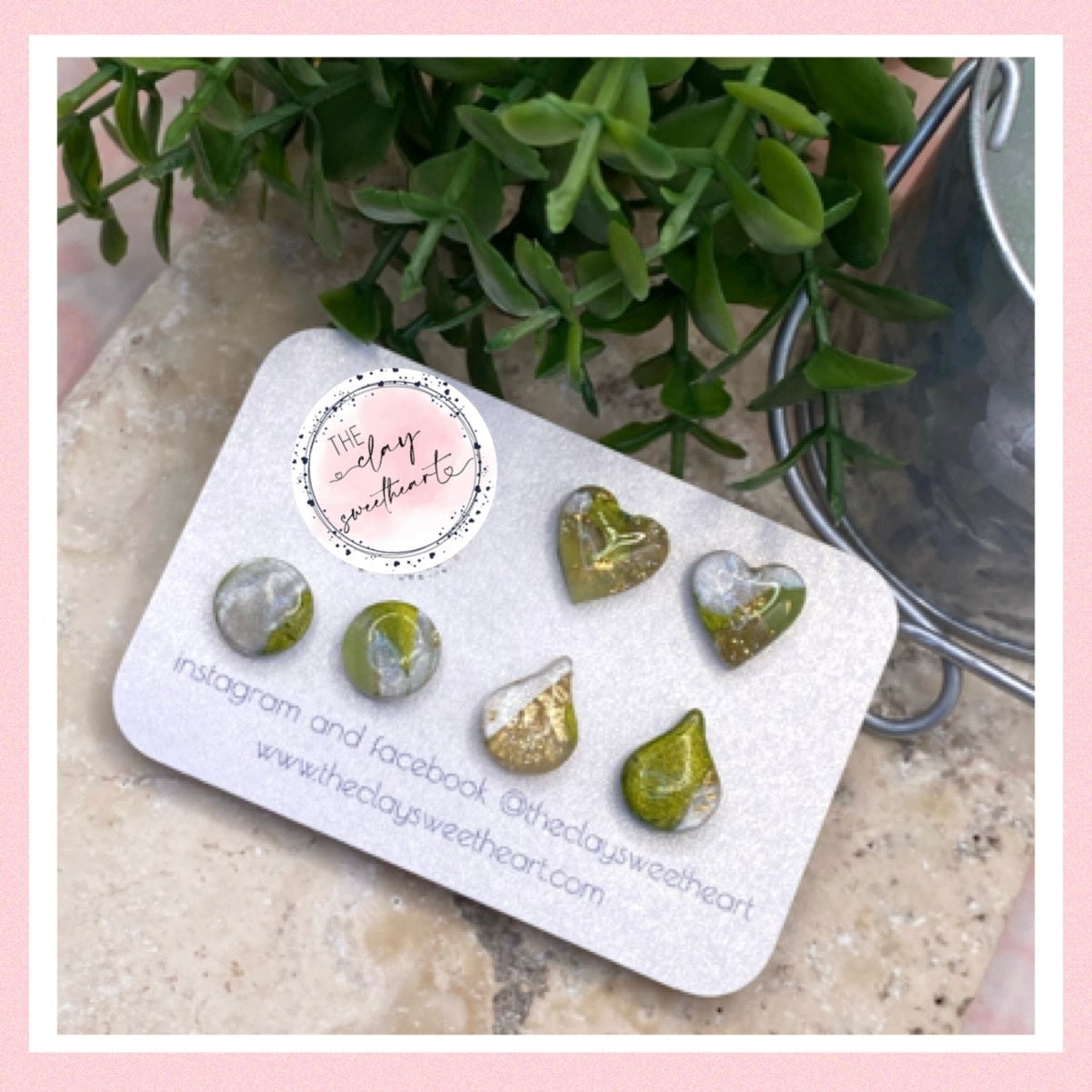 1714 green and gold polymer clay stud earrings
