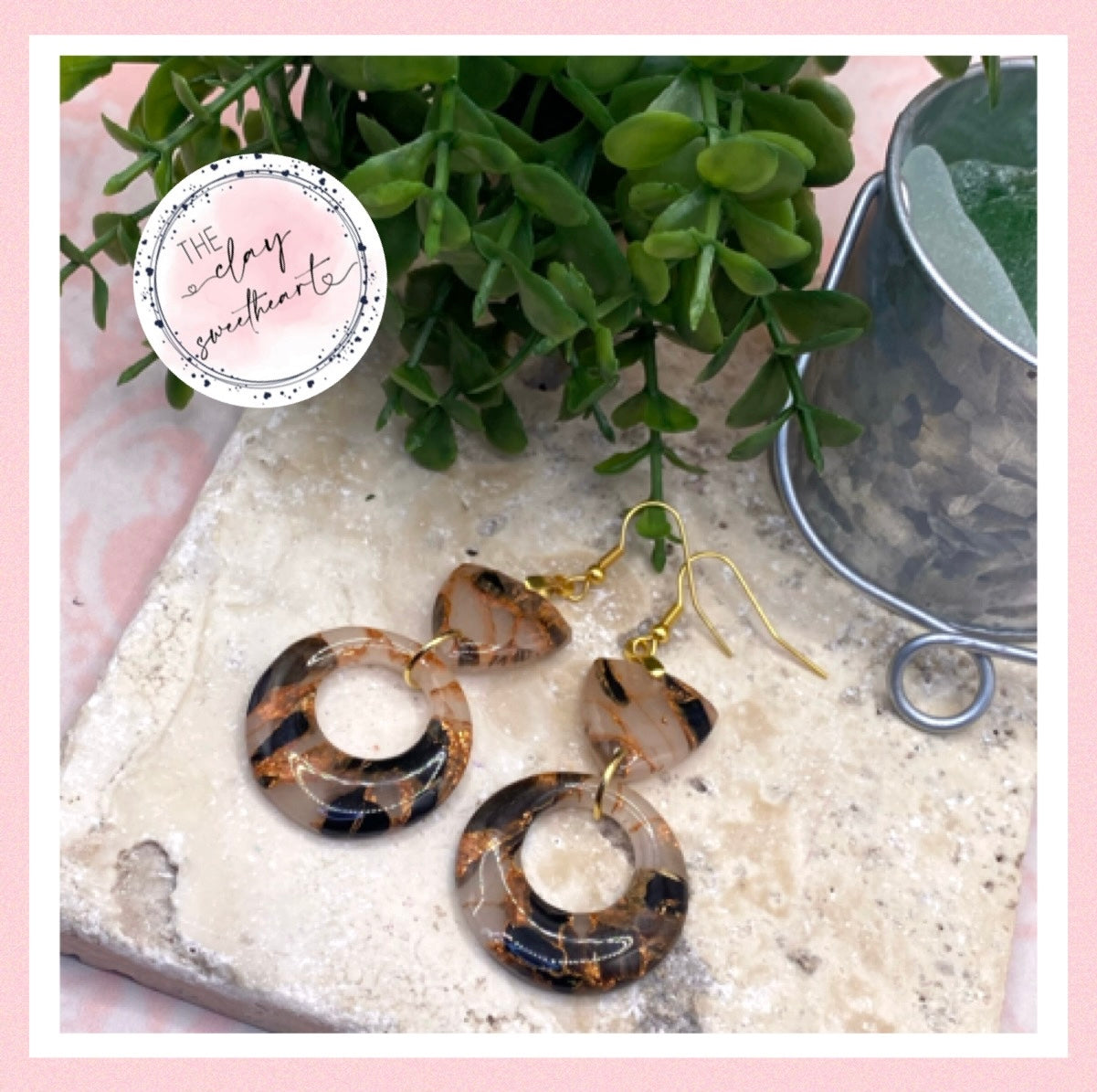 1405 black and copper polymer clay hoop heart earrings