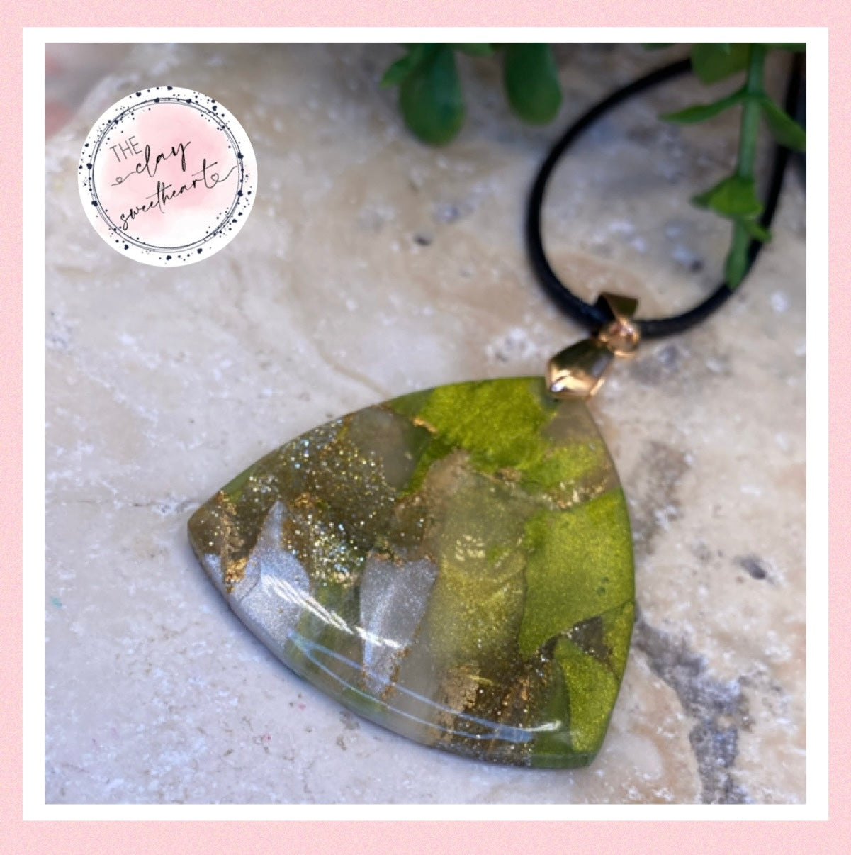 1703 green and gold polymer clay triangle necklace