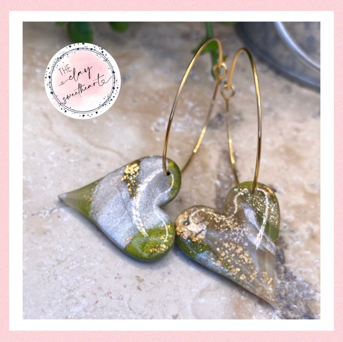 1710 green and gold polymer clay heart hoop earrings