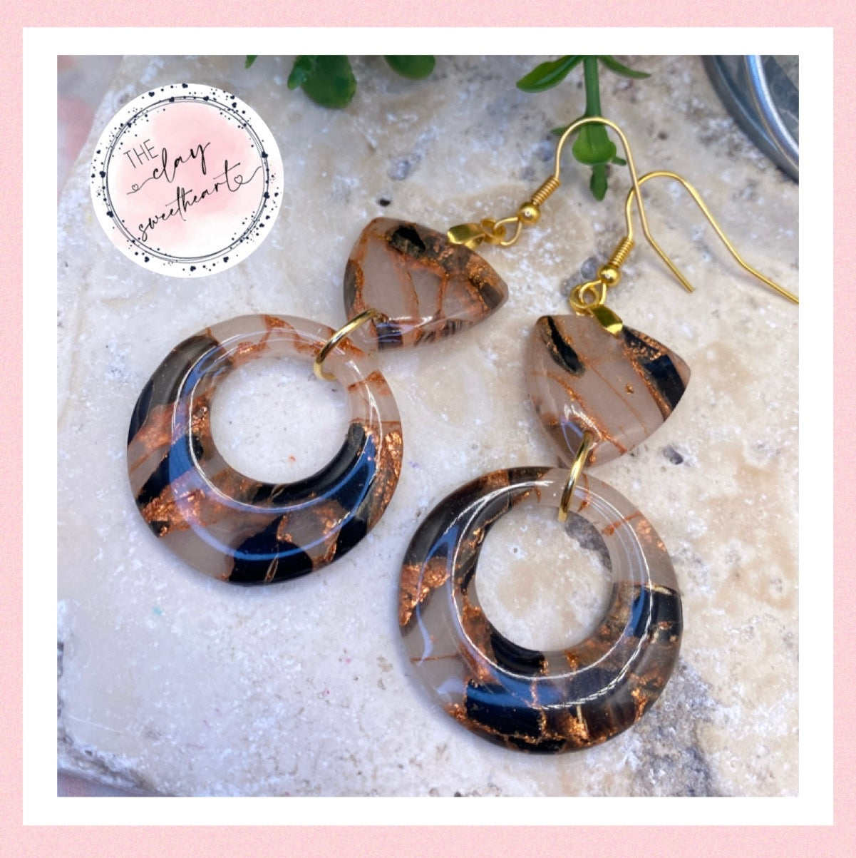 1405 black and copper polymer clay hoop heart earrings