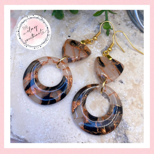 1405 black and copper polymer clay hoop heart earrings