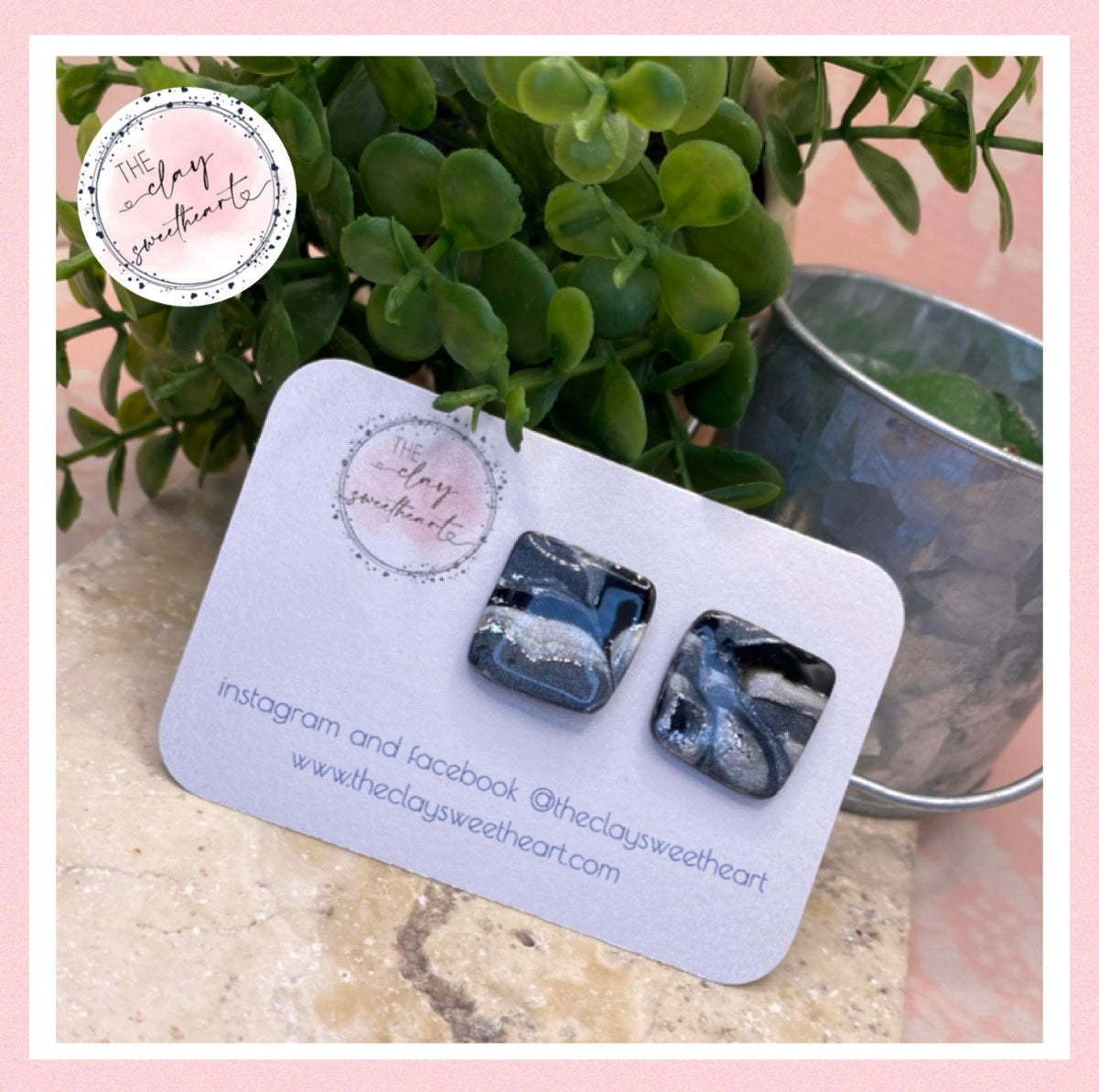 1319 black and silver polymer clay stud earrings