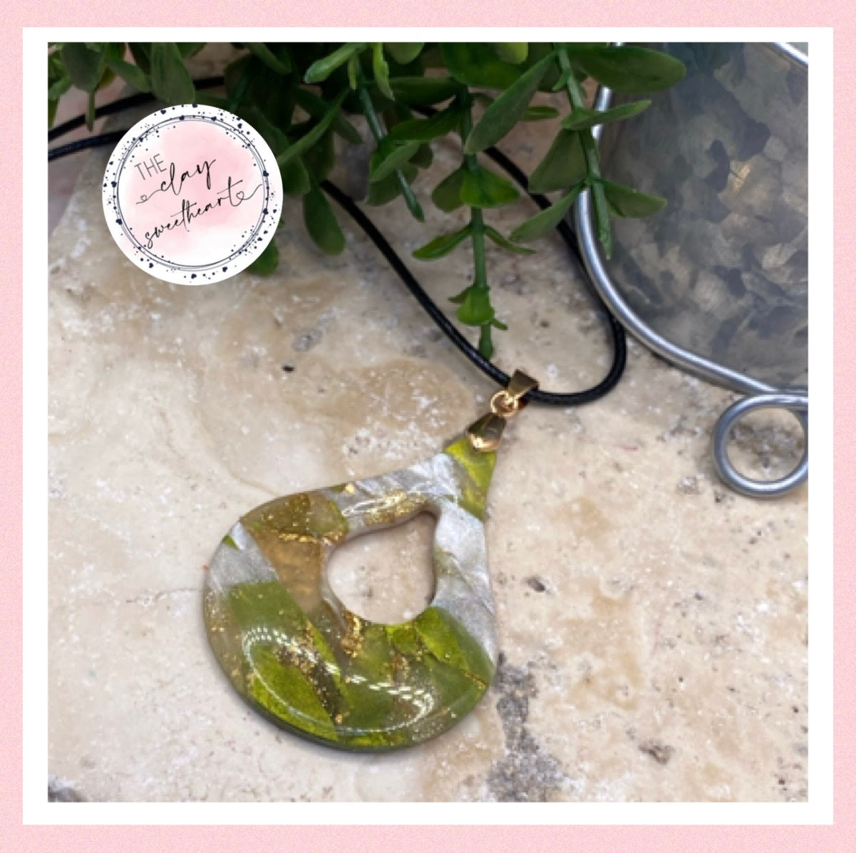1702 green and gold polymer clay necklace