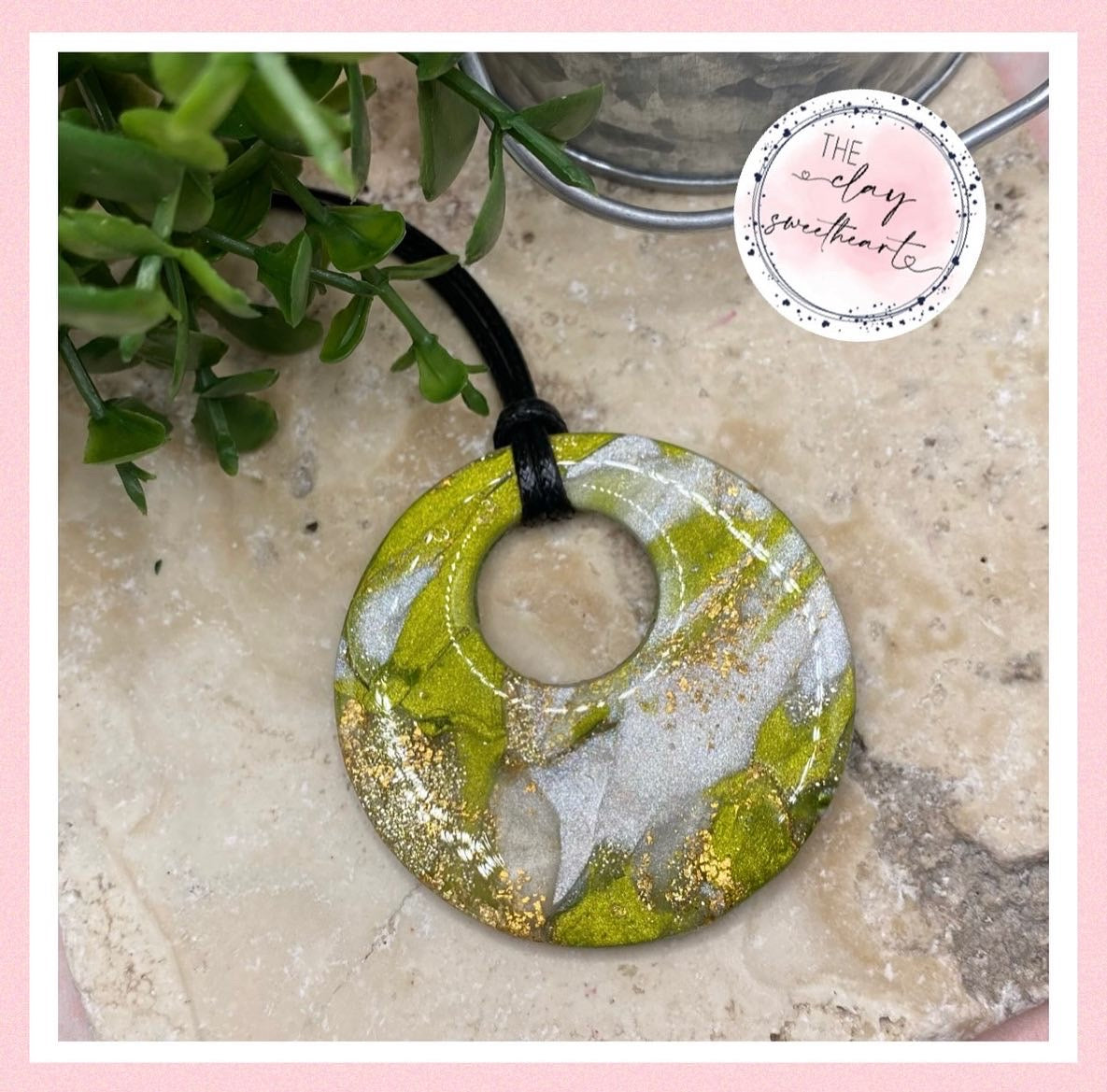 1701 green and gold polymer clay circle necklace