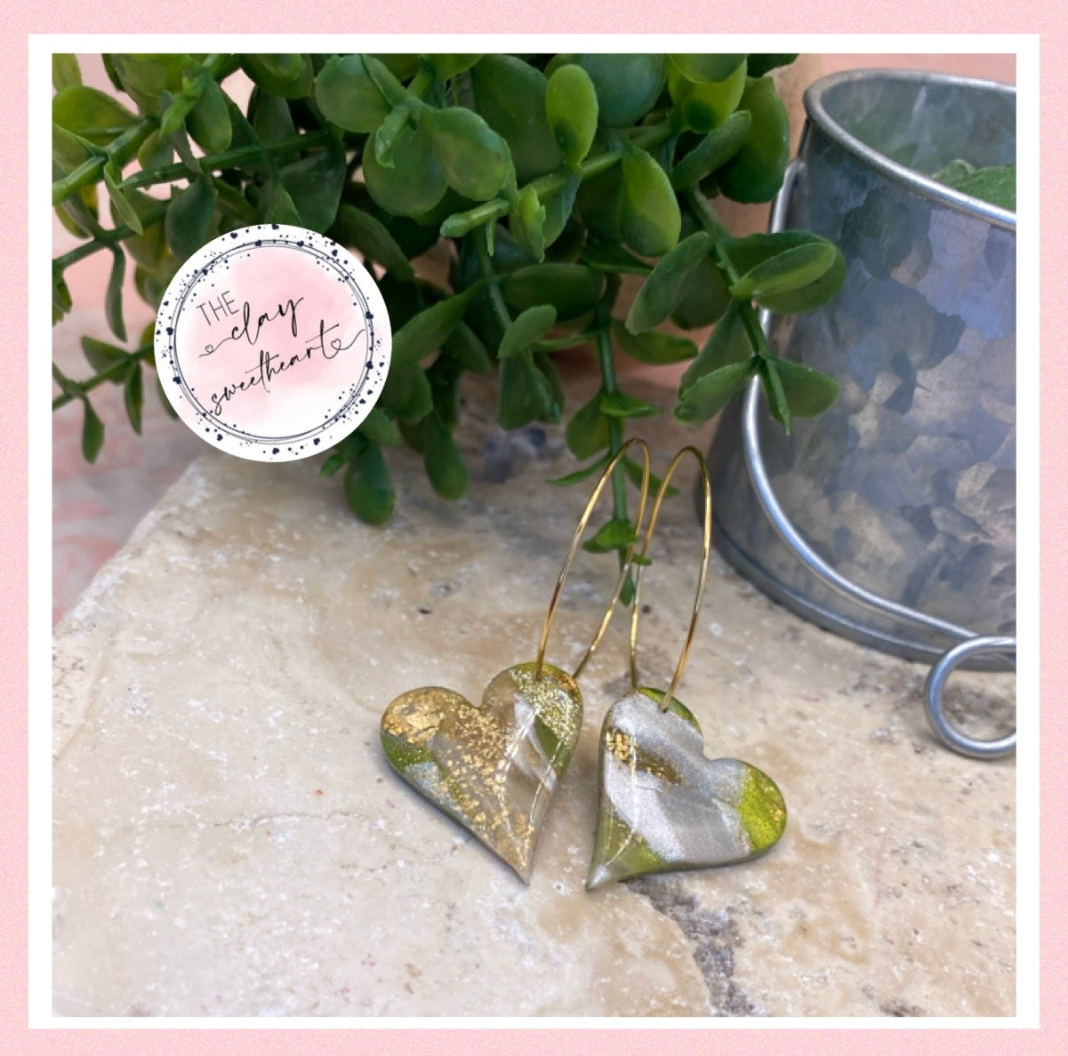 1710 green and gold polymer clay heart hoop earrings