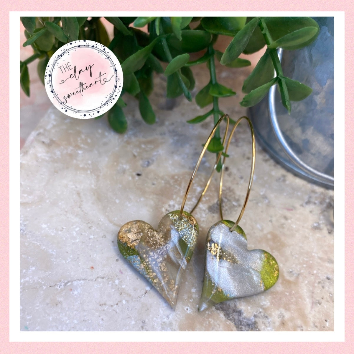 1710 green and gold polymer clay heart hoop earrings