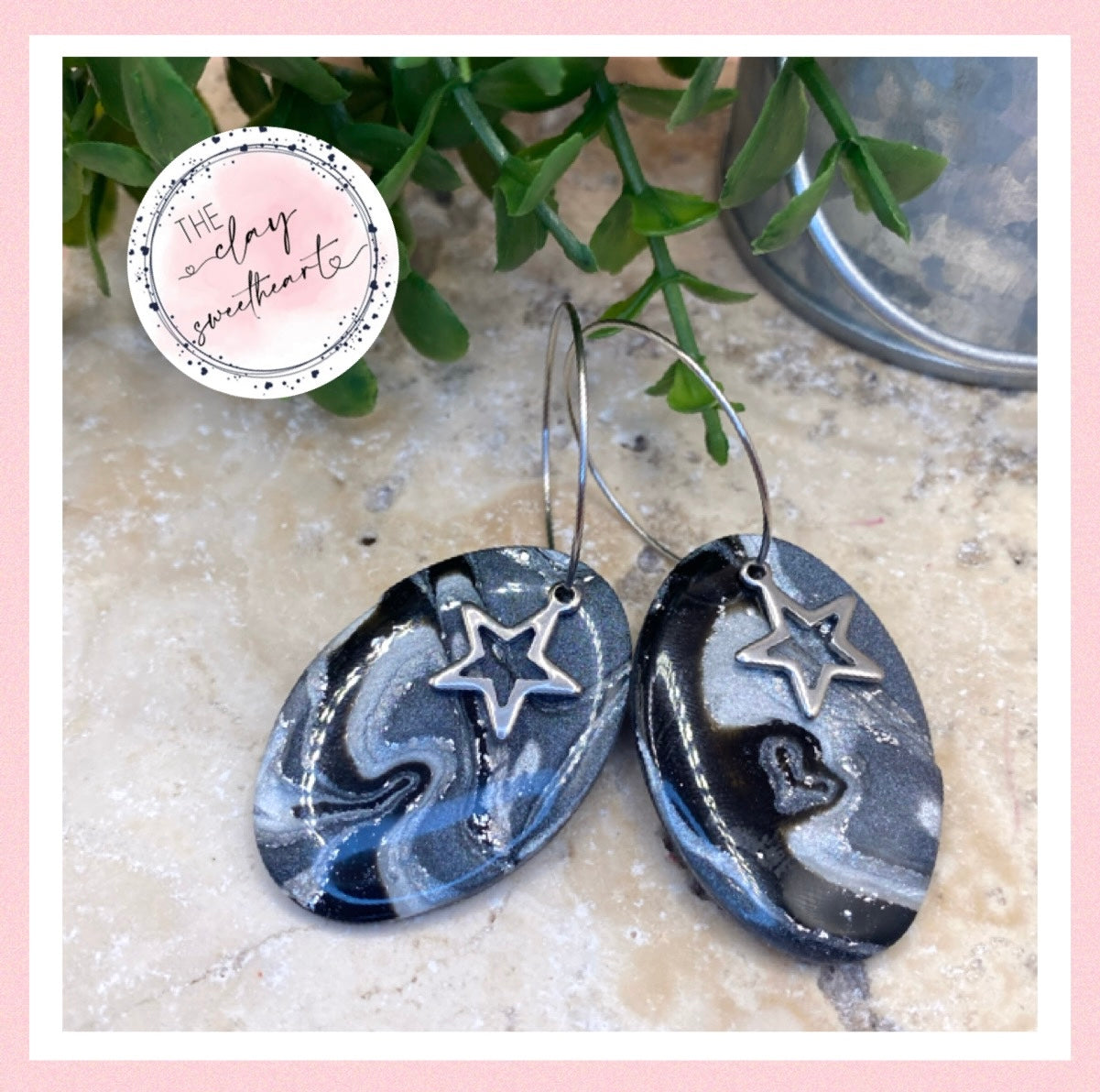 1310 polymer clay black and silver oval hoop earrings
