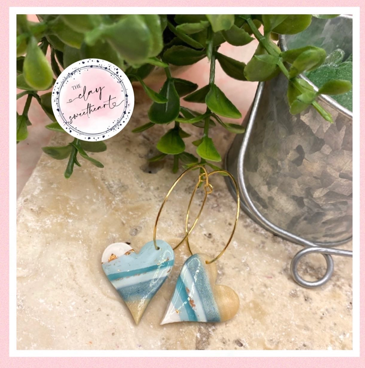 2402 blue gold hoop heart earrings