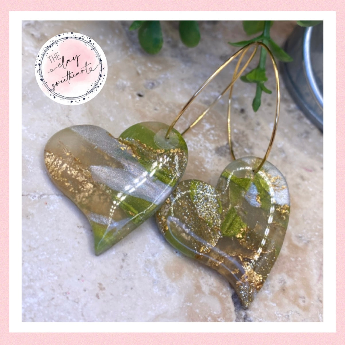 1709 green and gold polymer clay heart hoop earrings