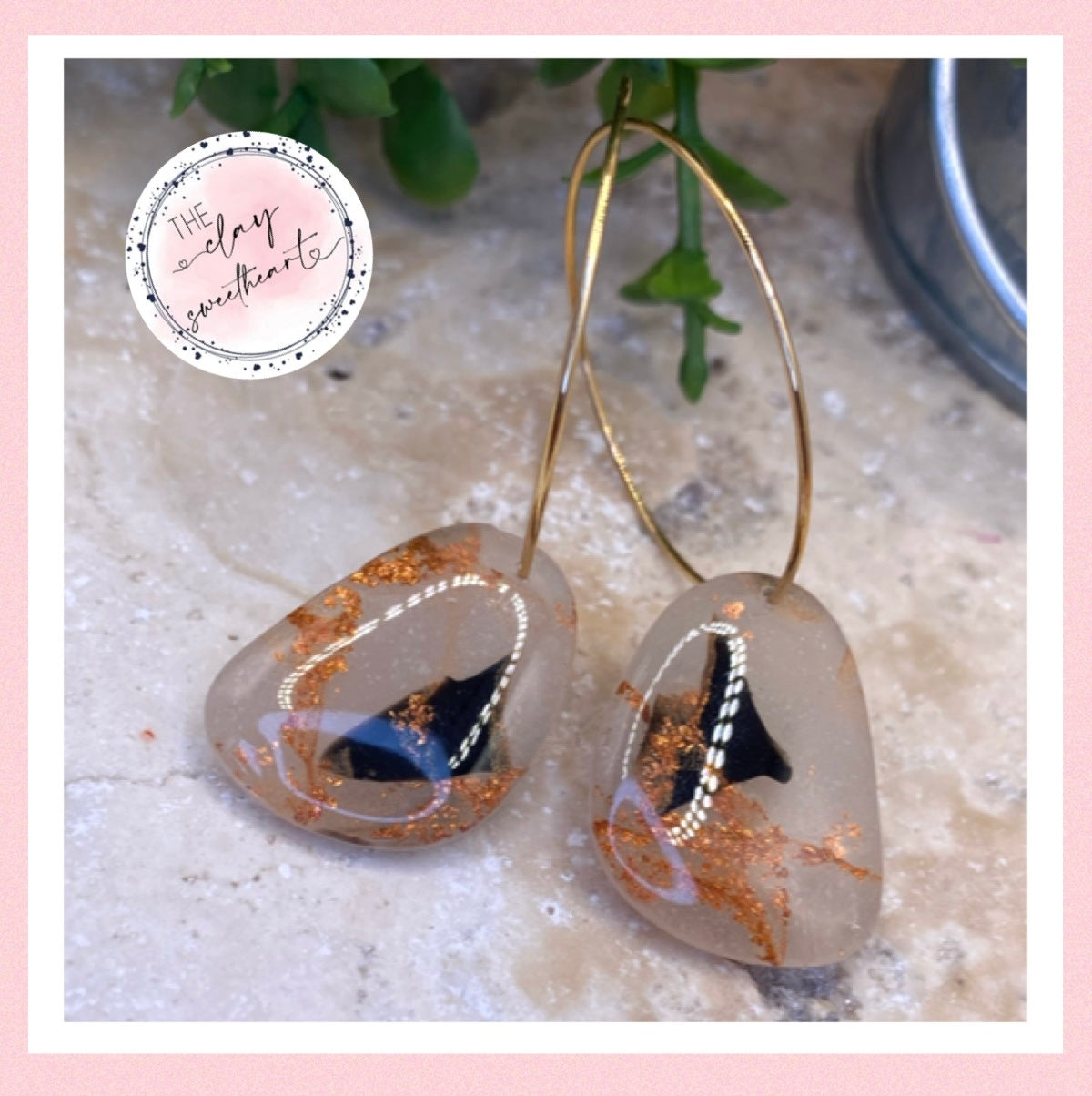 1403 black and copper polymer clay hoop earrings