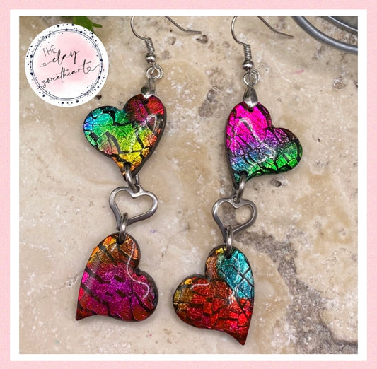 003 Rainbow prism polymer clay heart earrings