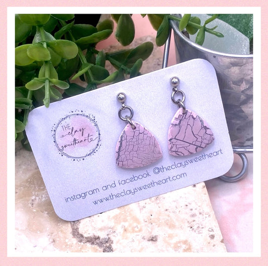 612 Pink crackle polymer clay triangle earrings