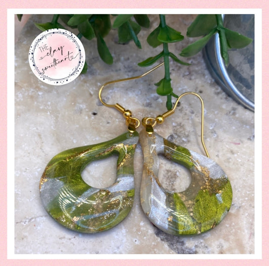 1706 green and gold polymer clay teardrop earrings