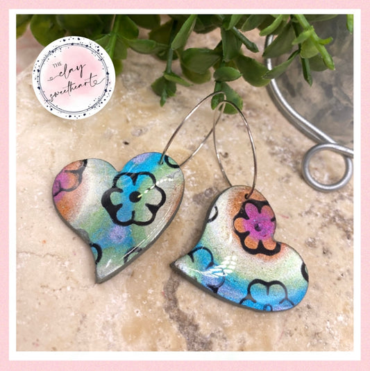 2411 rainbow flower silver hoop earrings