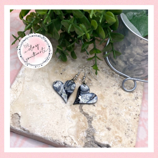 1308 polymer clay black and silver heart earrings