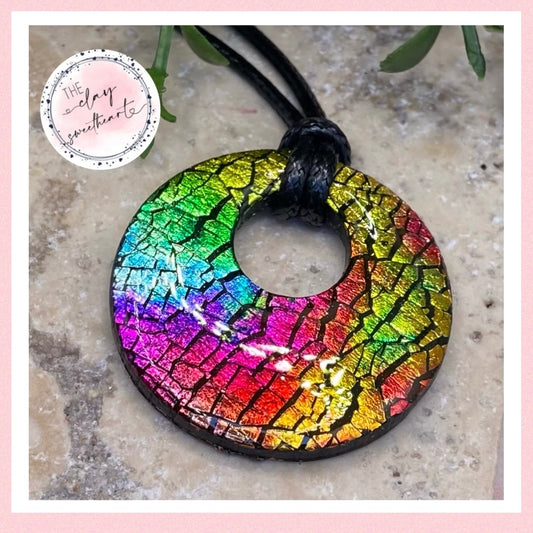 007 Rainbow prism polymer clay circle necklace