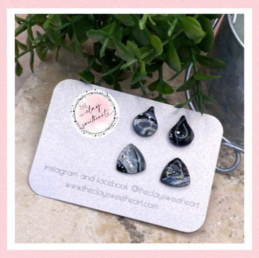 1318 black and silver polymer clay stud earrings