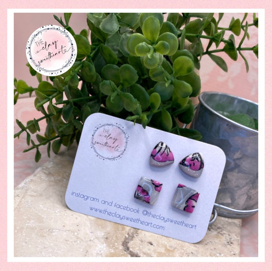 1609 silver with pink flowers polymer clay stud earrings