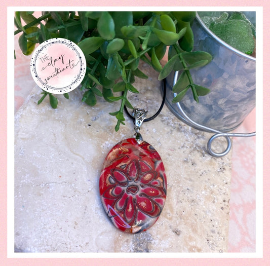 2216 red metallic floral polymer clay necklace