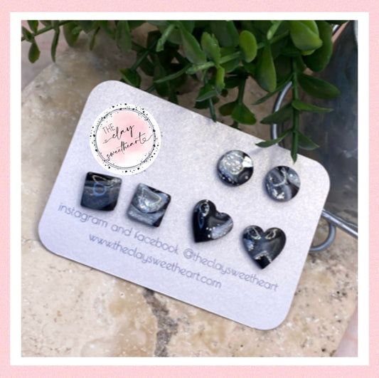 1316 black and silver polymer clay stud earrings