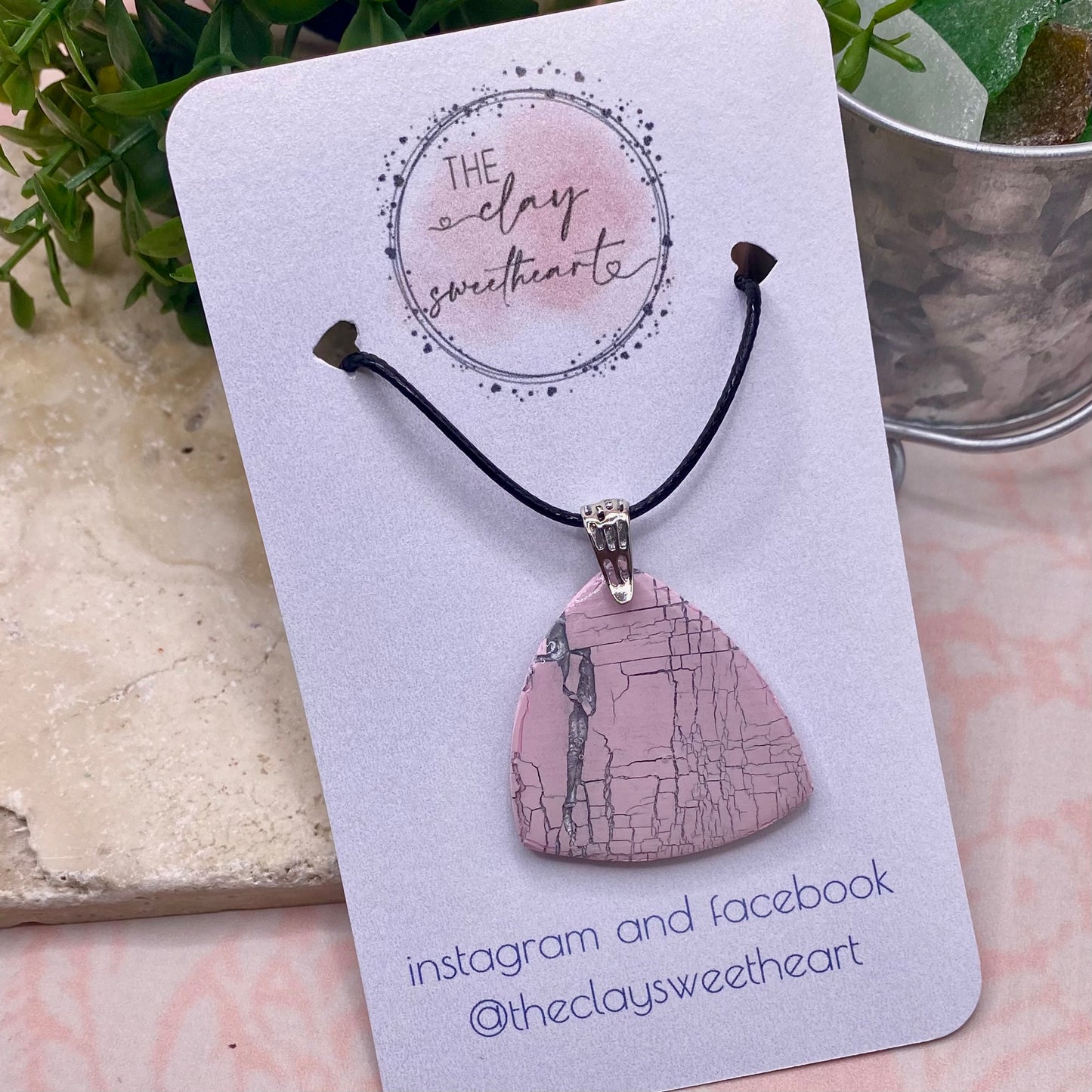 602 Pink crackle polymer clay necklace