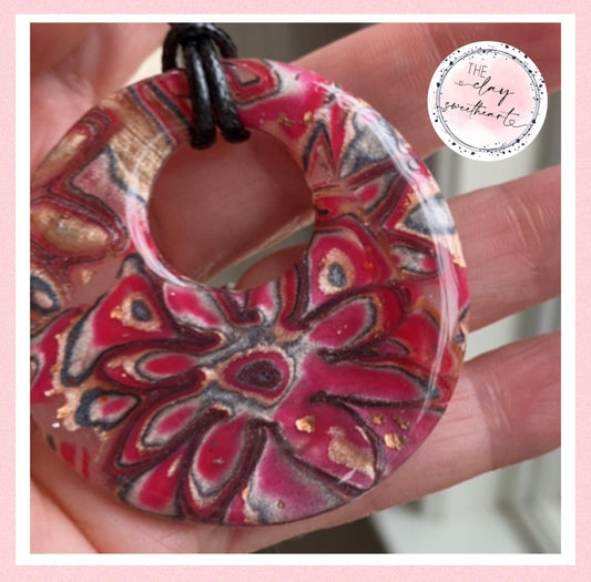 2217 red metallic floral polymer clay necklace