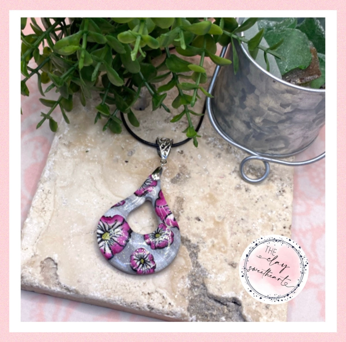 1606 silver with pink flowers polymer clay teardrop necklace