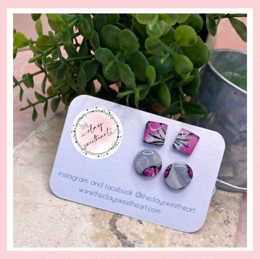 1610 silver with pink flowers polymer clay stud earrings